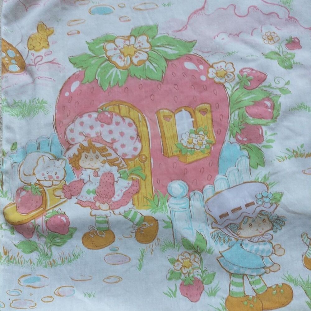 Vtg Strawberry Shortcake Friends Twin Fitted Sheet Garden TeaParty Upcycle Craft